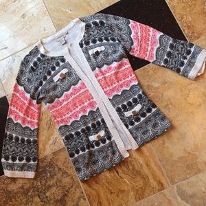 Aubergene print knit sweater jacket with knit trim